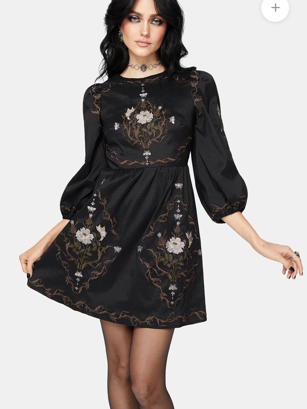 NWT Disturbia Vine Floral Embroidered Long Puff Sleeve Mini Black Dress Sz 14